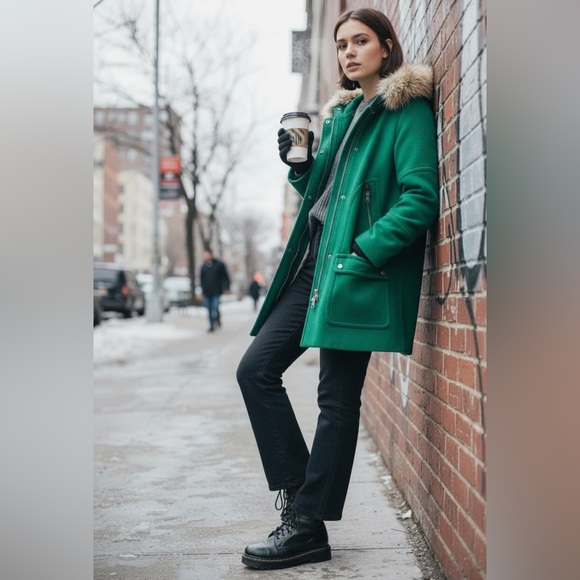 J. Crew Chateau Parka Italian Wool Stadium Cloth Faux Fur Hooded Coat Green Sz 4 - Picture 4 of 16